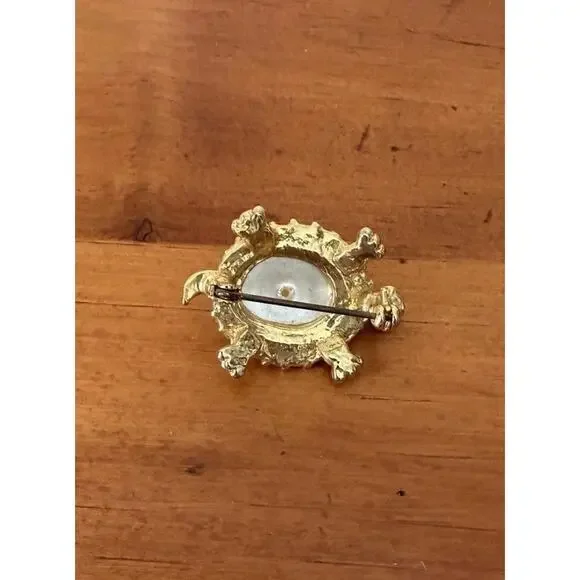 Vintage Faux Pearl Turtle Brooch Gold Tone Rhinestone Shell Green Crystal Eyes - Picture 5 of 8